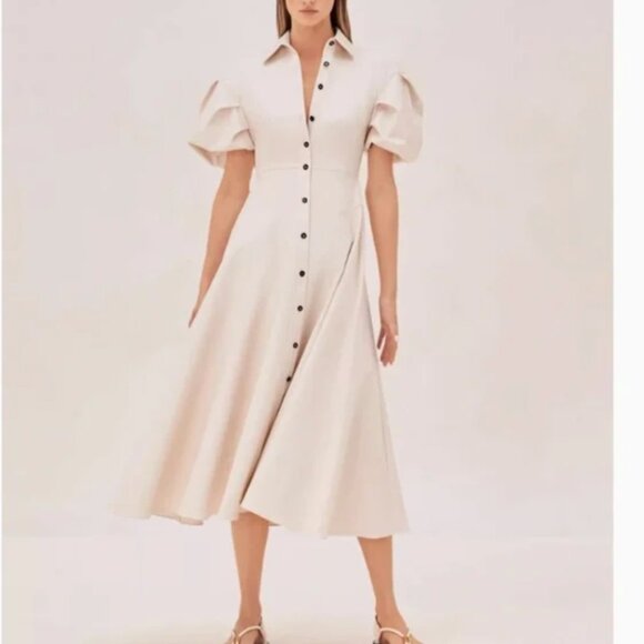 Alexis Amilya Puff-Sleeve Fit & Flare Midi Shirt Dress Ivory Beige Small - Picture 1 of 10